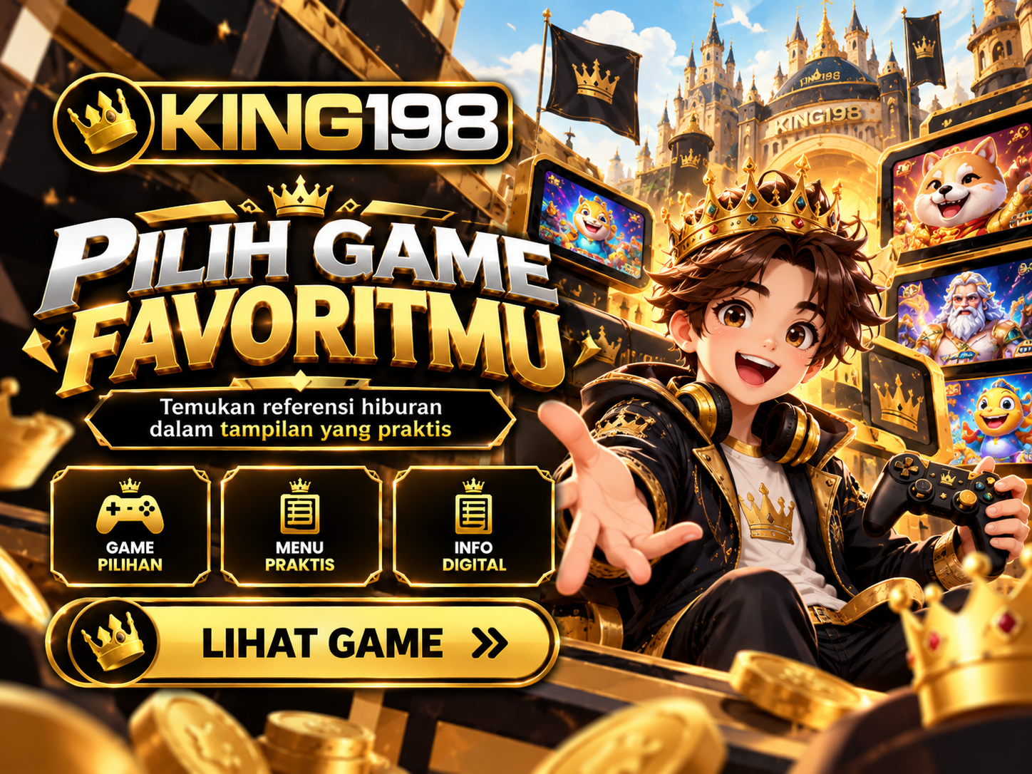 Banner KING198 ilustrasi flat vector dengan ikon game, simbol mahkota, dan bentuk geometris emas.